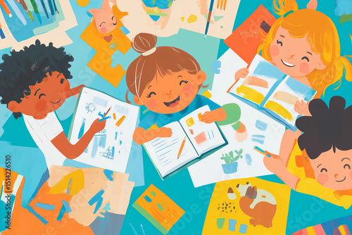 Back to school children around the world enjoying education with books and globe illustrations photo