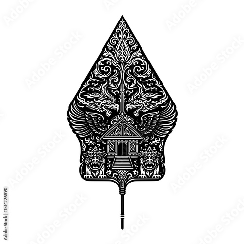 Ornate Gunungan Wayang with Mythical Creatures and Temple
