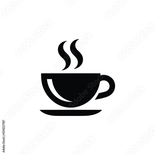 Isolated icon of black cup with vapor and saucer on transparent background