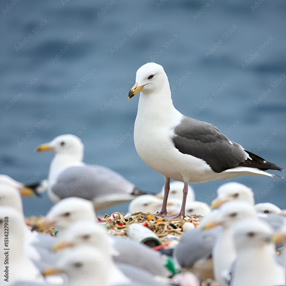 Obraz premium Scandinavian Lesser black-backed gull (Larus fuscus fuscus) nest on islands of eastern part of Gulf of Finland, Baltic Sea. Mixed colony with Herring Gull. Plastic objects are used as nest material