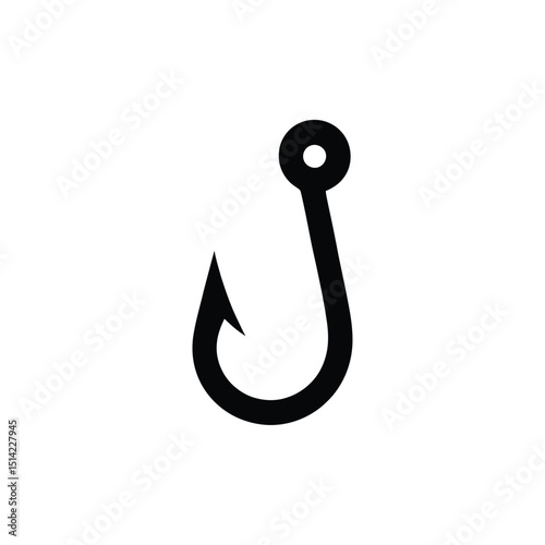 Minimalist Black Fishing Hook Drawing on White Background, Sharp Barb Design