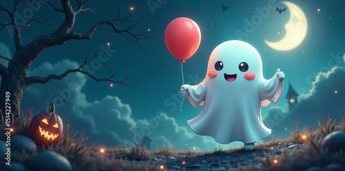 Kawaii ghost holding balloons and walking on cobwebs, party hat, cobweb, balloons