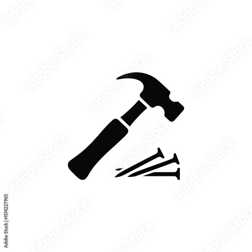 Minimalist Black Hammer and Nails Icon on Transparent Background, Tool Silhouette