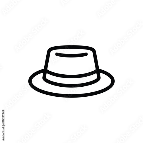 Minimalist black outline of fedora hat on transparent background. Clean icon
