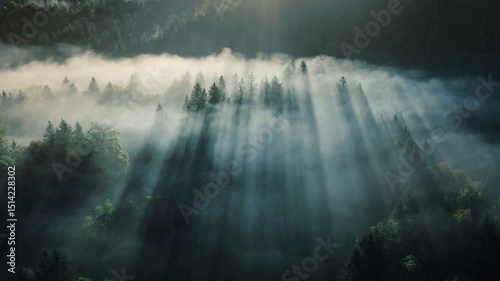 Enchanting Forest Dawn: Sunbeams Weaving Through Misty Canopy,  Scenic Woodland Realm