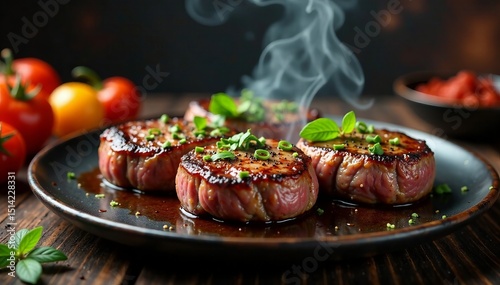 Sizzling beef steaks with spices hovering above flames, spices, barbecue, food