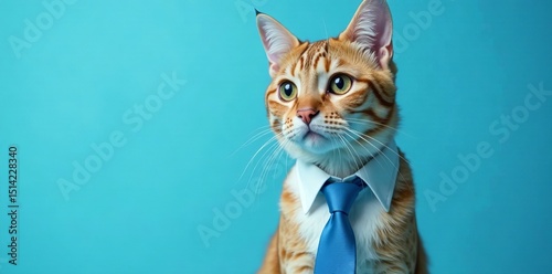 Serious handsome cat with blue tie on light blue background - Science Education Stock Photo, science concept, study, thinking