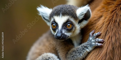Tiny Lemur catta infant clinging to mother's fur , leafy tree, lemurs, mother
