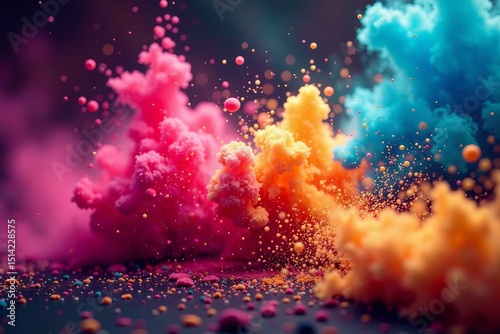 Vibrant hues of dust particles suspended in mid-air, creating a mesmerizing explosion of color , paint, holi festival, festive atmosphere