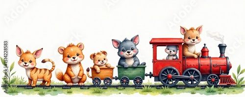 Watercolor illustration of cute animals on a train, cute animals, friendly animals, watercolor art