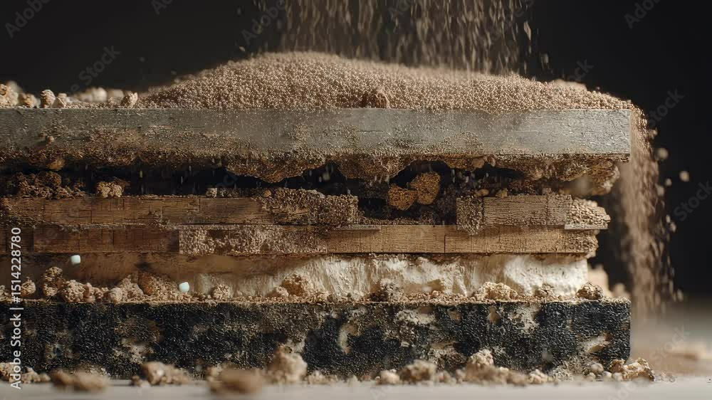 Recycled materials create durable and sustainable footings in a layered construction process, showcasing a cross section of compacted layers with falling dirt