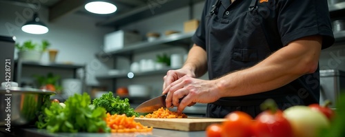 Young migrant chopping vegetables in fast-paced kitchen environment, young adult, migrant, industrial kitchen