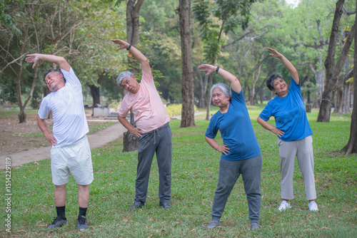 A group of elderly people are doing exercise by raising their arms to stretch their muscles in a park. They are happy in their retirement.