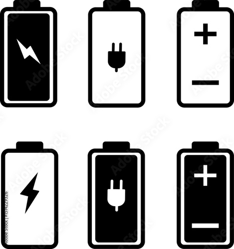 Battery charging indicator icon vactor set. Battery Charging Icon symbol, Set of 5 outline icons  battery, charger, Battery indicator symbols, symbol background
