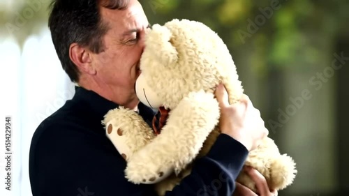 Mature Man Hugging Large Stuffed Animal Closely Showing Affection and Care