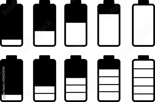 Battery charging indicator icon vactor set. Battery Charging Icon symbol, Set of 5 outline icons  battery, charger, Battery indicator symbols, symbol background
