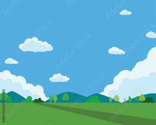 Flat summer Landscape with Blue Sky and Green Fields
