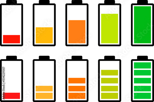 Battery charging charge indicator icon. Battery Charging Icon symbol, Set of 5 outline icons  battery, charger, Battery indicator symbols,Isolated on white background
