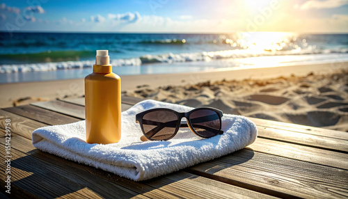 Sunscreen, sunglasses and Towels on Sandy Beach with Ocean View – Summer Vacation Essentials Flat Lay