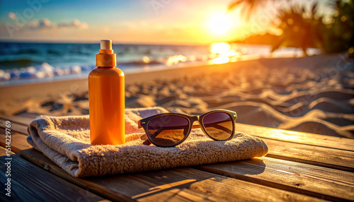 Sunscreen, sunglasses and Towels on Sandy Beach with Ocean View – Summer Vacation Essentials Flat Lay