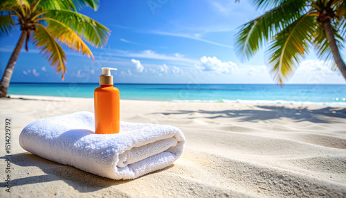 Sunscreen and Towels on Sandy Beach with Ocean View – Summer Vacation Essentials Flat Lay