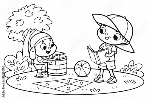 kids coloring page, people with books, cartoonish, friendly, thick outlines, no color