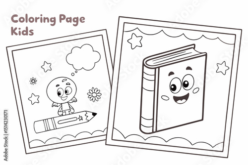 kids coloring page, people with books, cartoonish, friendly, thick outlines, no color