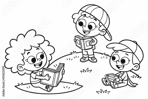 kids coloring page, people with books, cartoonish, friendly, thick outlines, no color