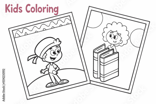 kids coloring page, people with books, cartoonish, friendly, thick outlines, no color