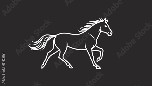 Elegant white horse outline vector on black background. Minimal galloping horse silhouette for logos, tattoos, decor, and equestrian designs. Isolated and editable.