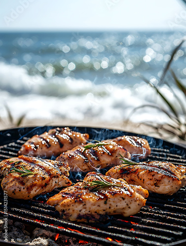 Food concept, grilled chicken on a grill by the beach, waves crashing in the background