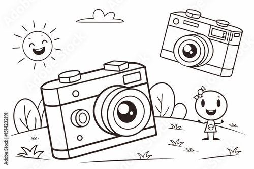 kids coloring page, cameras, cartoonish, friendly, thick outlines, no color