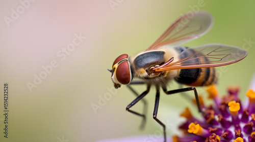 Closeup on a Common red snout-fly, Rhingia campestris on a purple wallflower