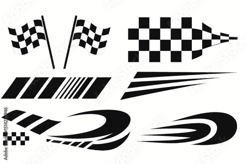Various black and white racing flags and design elements for race car decoration.