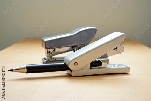 Mechanical Pencil and Stapler on Wooden Table