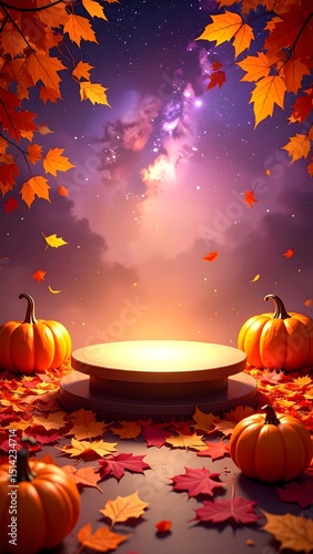 Autumn-themed display featuring pumpkins, leaves, and a platform or podium. Perfect vertical background for product display in social media. 