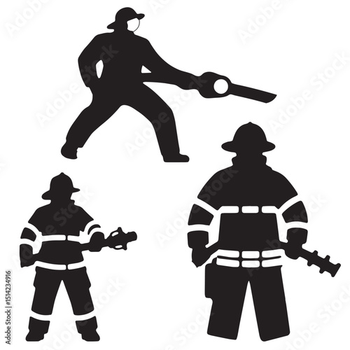 silhouettes of firefighters in uniform holding tools and hoses representing emergency response bravery rescue missions and public safety