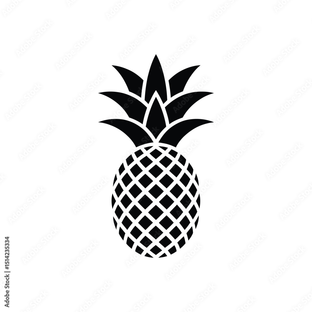 Obraz premium Stylized Pineapple Isolated on White, Black Exotic Fruit Icon with Leaf Crown
