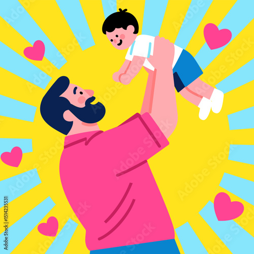 manually hand traced flat vector of dad lifting child with heart and sunburst background, ideal for father's day greeting cards and posters.