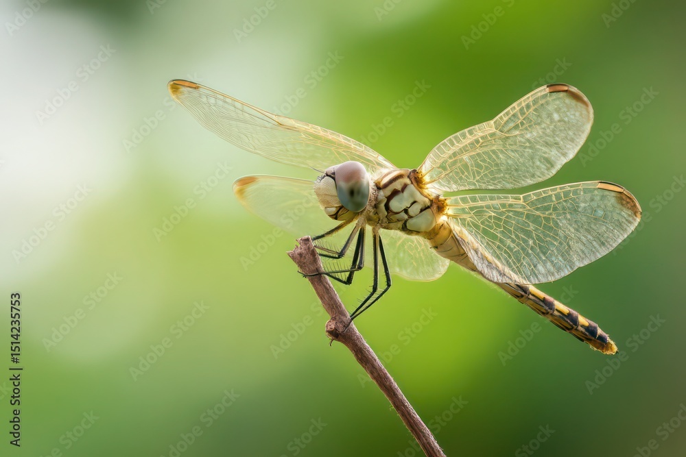 Detailed Dragonfly Perched on a Branch with Delicate Wings and Green Background Detailed Dragonfly Perched on a Branch with Delicate Wings and Green Background