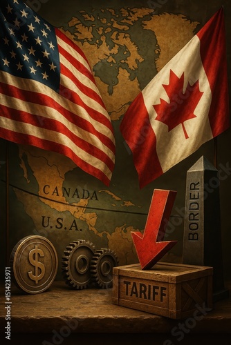 USA Canada Trade Relations Tariffs Conflicts Economic Policies Flags Map Border