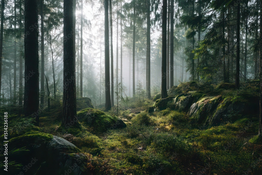 Obraz premium Sunlit Path Through Misty Mossy Forest