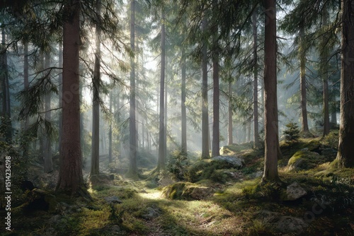 Wallpaper Mural Sunlit Forest Floor: Mossy Rocks and Towering Trees in a Misty Woodland Scene Torontodigital.ca