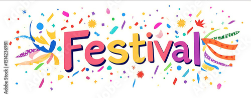 Vector flat color illustration of the word Festival in colorful lettering with confetti and ribbons around it on a white background Vector design for a carnival poster or banner party