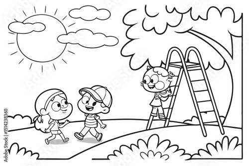 kids coloring page, clouds, cartoonish, friendly, thick outlines, no color