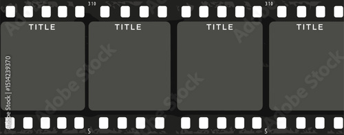 Trendy film strip frame template with four empty slots, cinema reel with grunge grain noisy texture, vintage aesthetic design