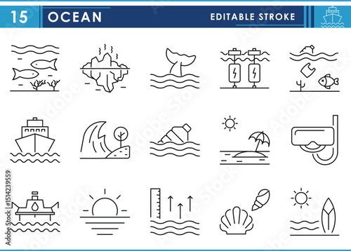 A set of line icons related to Ocean. Marine, ocean, fish, shark, pollution, rise, surfing, swimming, and so on. Vector editable stroke.