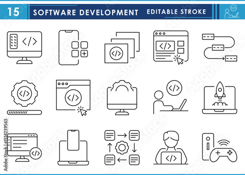 A set of line icons related to Software Development. Software, design, coding, system, gear, developer, and so on. Vector editable stroke.