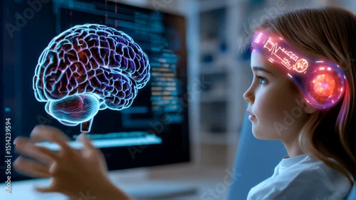 Girl Looking at Brain Scan on Screen Future Tech Concept