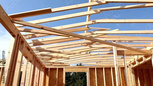 Building Wood Structure against Blue Sky Construction Framing